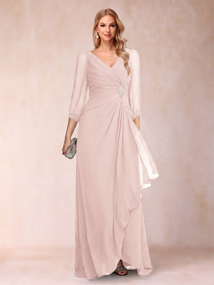 A-Line/Princess V-Neck 3/4 Sleeves Floor-Length Mother of the Bride Dresses with Ruched &amp; Beading