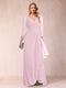 A-Line/Princess V-Neck 3/4 Sleeves Floor-Length Mother of the Bride Dresses with Ruched & Beading