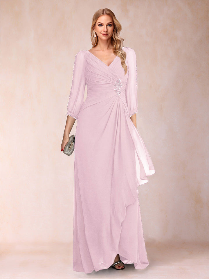 A-Line/Princess V-Neck 3/4 Sleeves Floor-Length Mother of the Bride Dresses with Ruched &amp; Beading