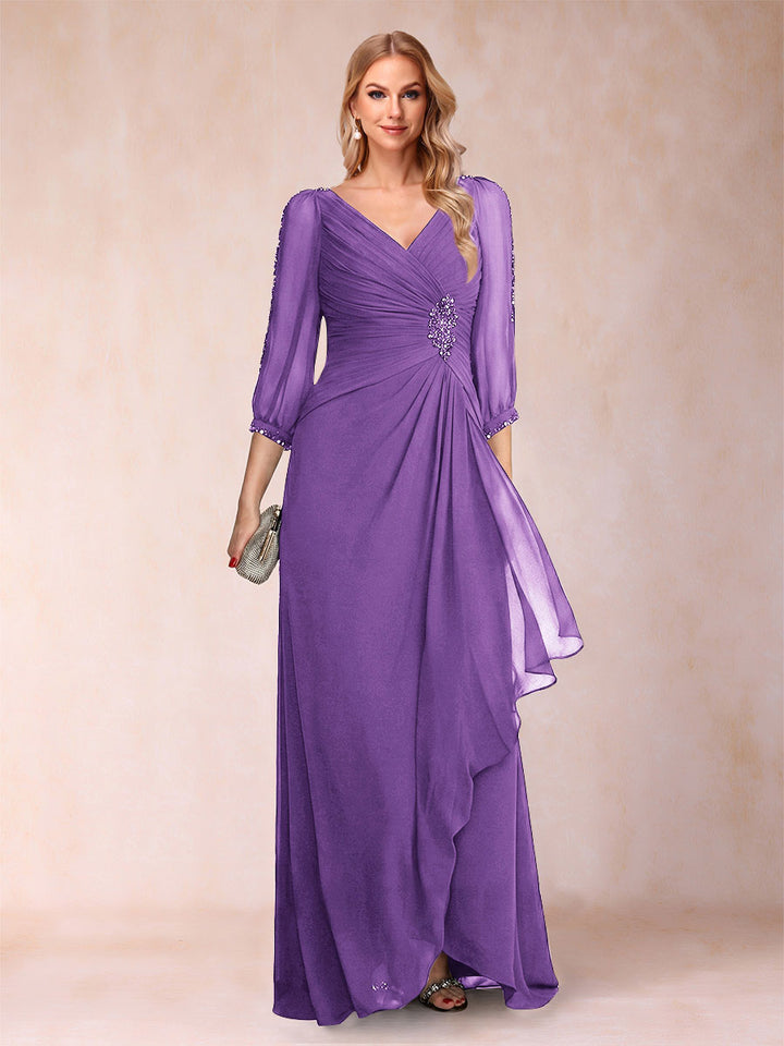 A-Line/Princess V-Neck 3/4 Sleeves Floor-Length Mother of the Bride Dresses with Ruched &amp; Beading