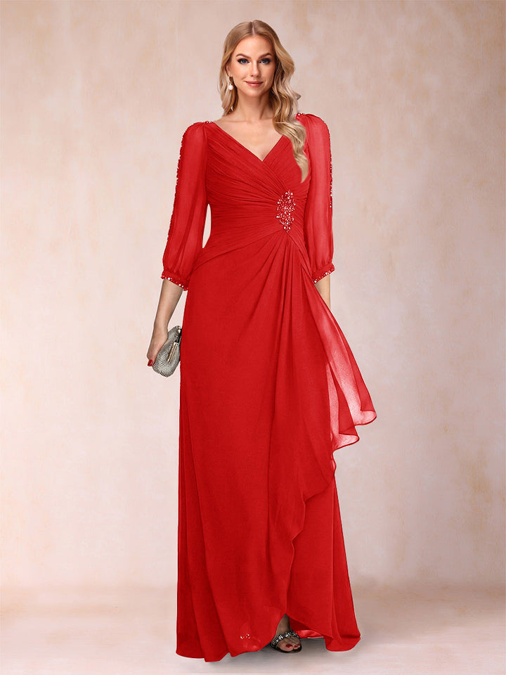 A-Line/Princess V-Neck 3/4 Sleeves Floor-Length Mother of the Bride Dresses with Ruched &amp; Beading
