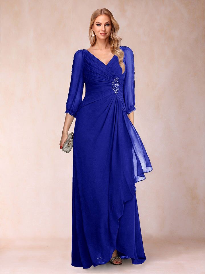 A-Line/Princess V-Neck 3/4 Sleeves Floor-Length Mother of the Bride Dresses with Ruched &amp; Beading