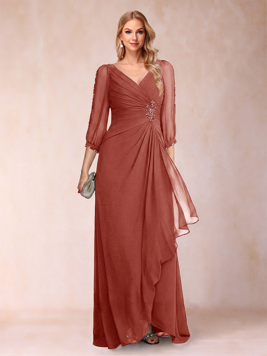 A-Line/Princess V-Neck 3/4 Sleeves Floor-Length Mother of the Bride Dresses with Ruched &amp; Beading