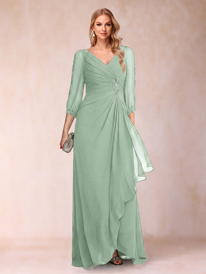 A-Line/Princess V-Neck 3/4 Sleeves Floor-Length Mother of the Bride Dresses with Ruched &amp; Beading