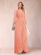 A-Line/Princess V-Neck 3/4 Sleeves Floor-Length Mother of the Bride Dresses with Ruched & Beading