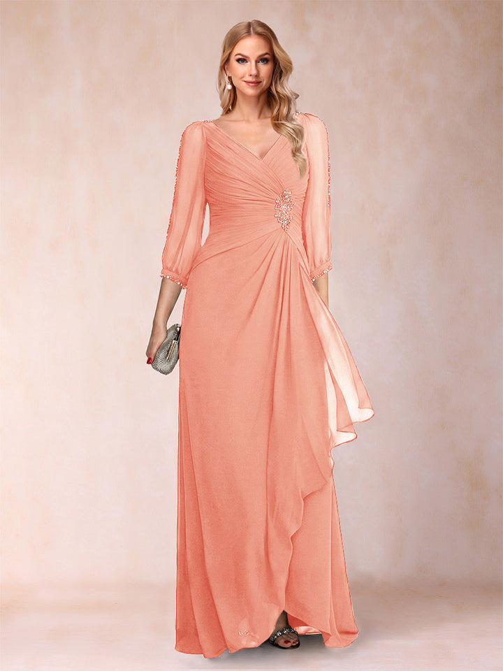 A-Line/Princess V-Neck 3/4 Sleeves Floor-Length Mother of the Bride Dresses with Ruched &amp; Beading