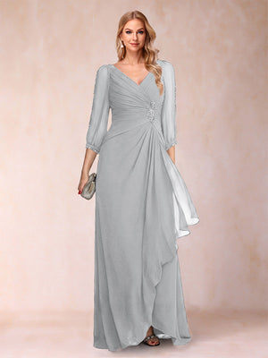A-Line/Princess V-Neck 3/4 Sleeves Floor-Length Mother of the Bride Dresses with Ruched & Beading