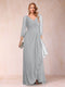 A-Line/Princess V-Neck 3/4 Sleeves Floor-Length Mother of the Bride Dresses with Ruched & Beading