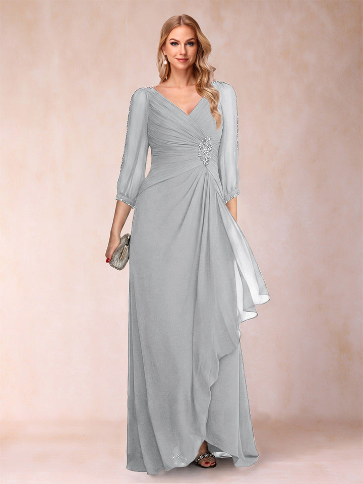 A-Line/Princess V-Neck 3/4 Sleeves Floor-Length Mother of the Bride Dresses with Ruched &amp; Beading