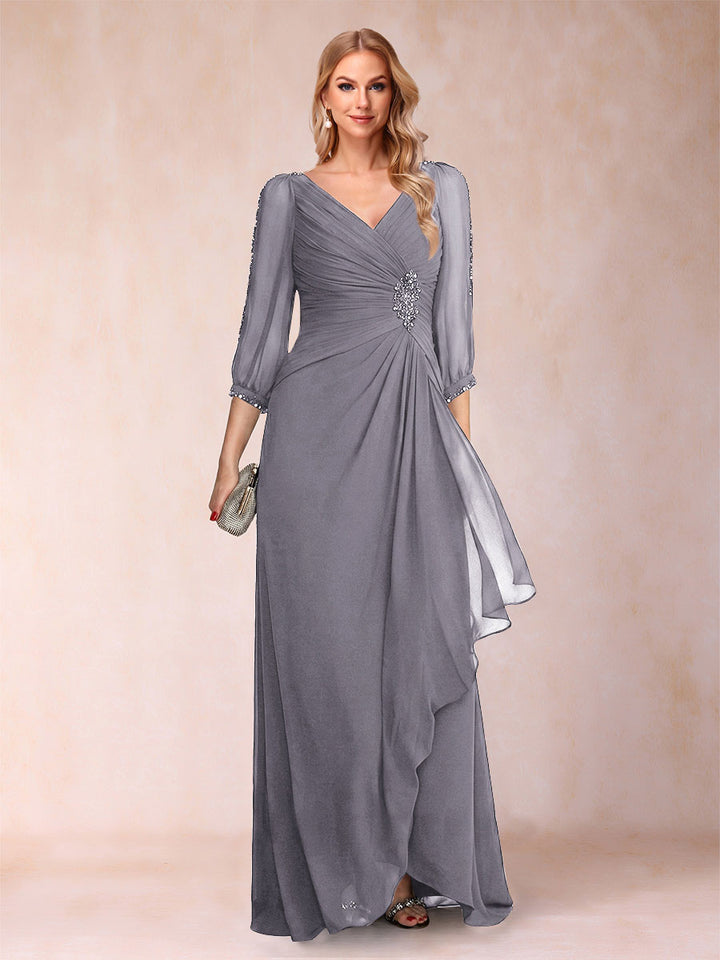 A-Line/Princess V-Neck 3/4 Sleeves Floor-Length Mother of the Bride Dresses with Ruched &amp; Beading