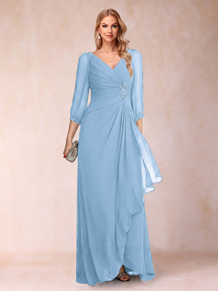 A-Line/Princess V-Neck 3/4 Sleeves Floor-Length Mother of the Bride Dresses with Ruched &amp; Beading