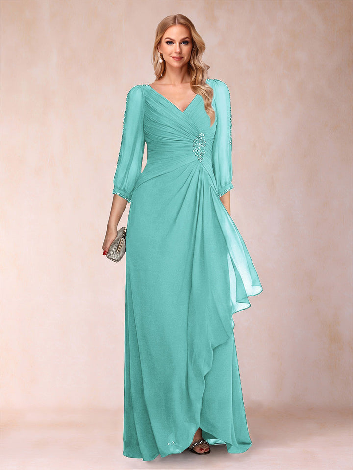 A-Line/Princess V-Neck 3/4 Sleeves Floor-Length Mother of the Bride Dresses with Ruched &amp; Beading