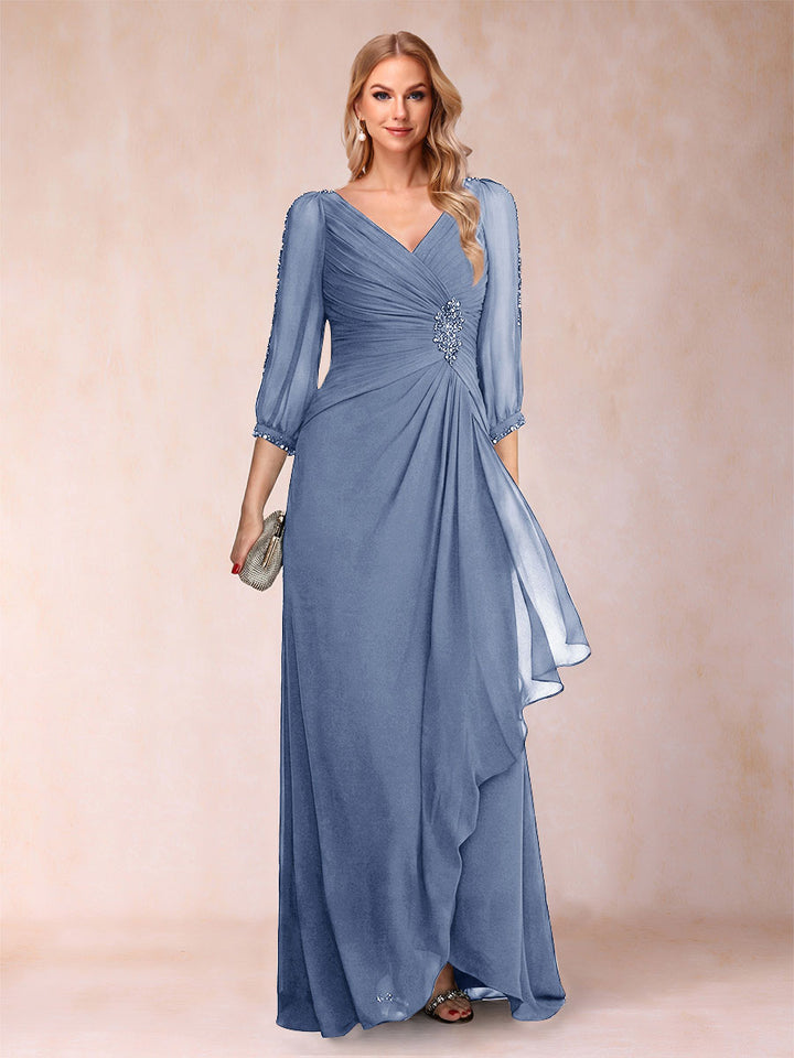 A-Line/Princess V-Neck 3/4 Sleeves Floor-Length Mother of the Bride Dresses with Ruched &amp; Beading