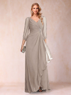 A-Line/Princess V-Neck 3/4 Sleeves Floor-Length Mother of the Bride Dresses with Ruched & Beading