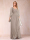 A-Line/Princess V-Neck 3/4 Sleeves Floor-Length Mother of the Bride Dresses with Ruched & Beading