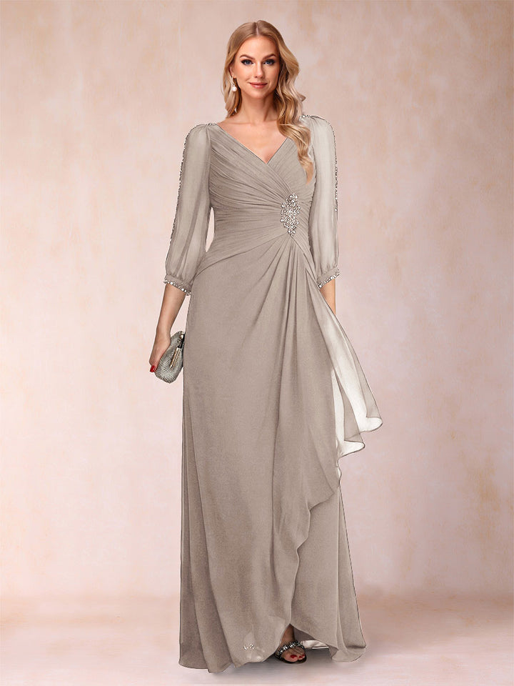 A-Line/Princess V-Neck 3/4 Sleeves Floor-Length Mother of the Bride Dresses with Ruched &amp; Beading