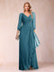 A-Line/Princess V-Neck 3/4 Sleeves Floor-Length Mother of the Bride Dresses with Ruched & Beading