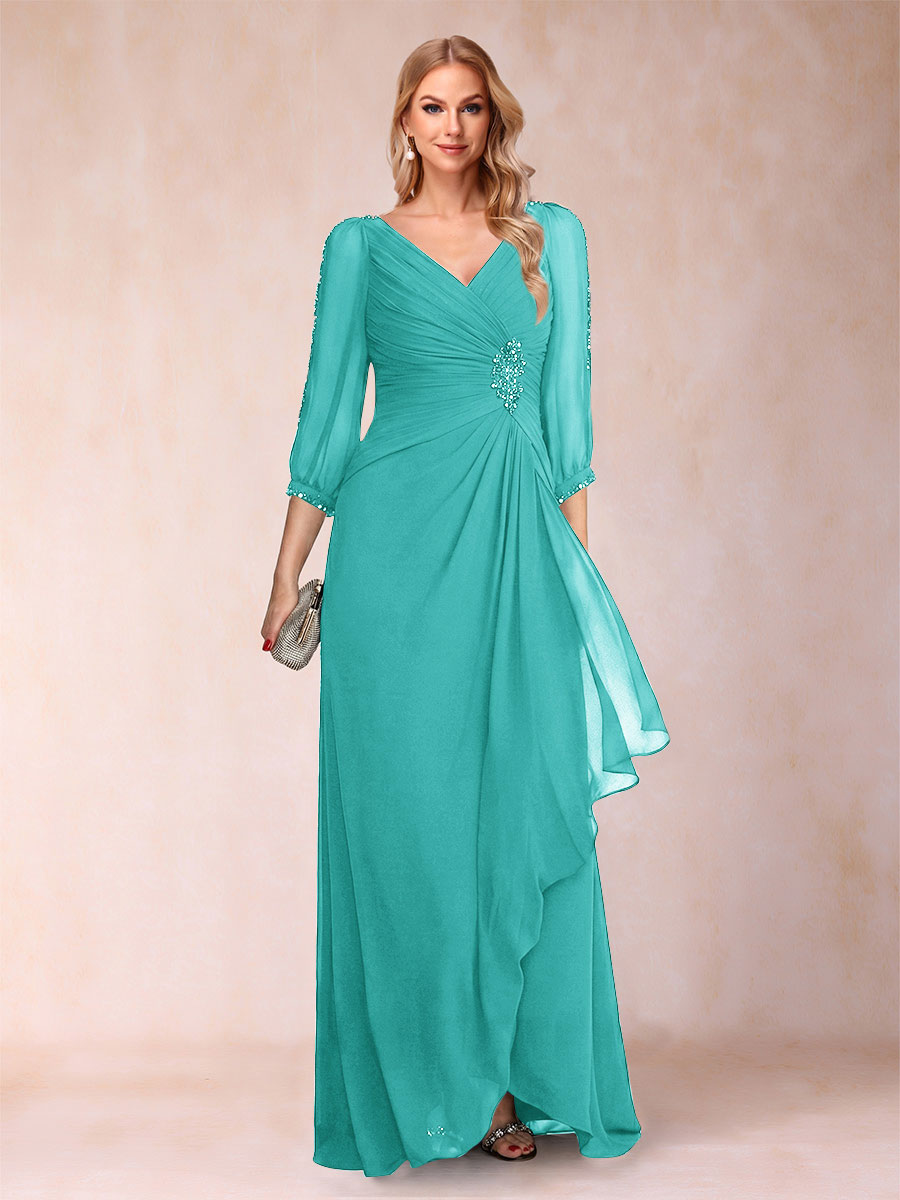 A-Line/Princess V-Neck 3/4 Sleeves Floor-Length Mother of the Bride Dresses with Ruched &amp; Beading