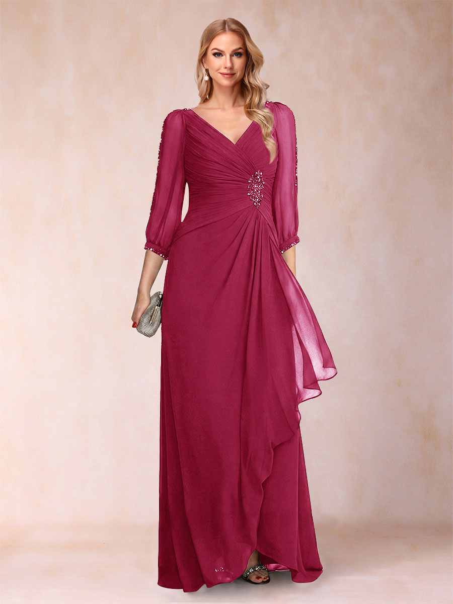 A-Line/Princess V-Neck 3/4 Sleeves Floor-Length Mother of the Bride Dresses with Ruched &amp; Beading