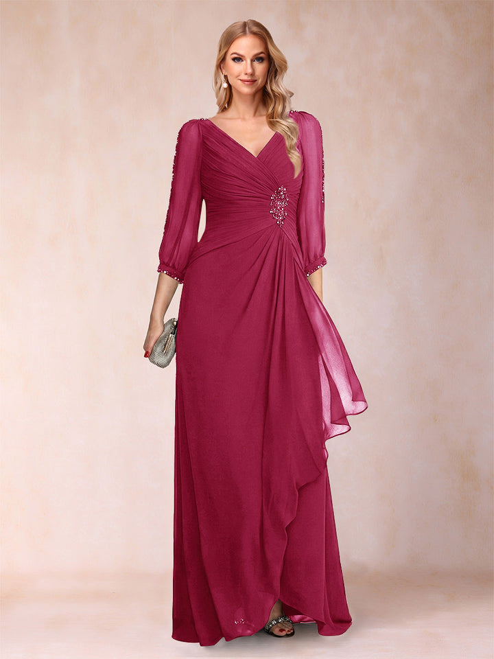 A-Line/Princess V-Neck 3/4 Sleeves Floor-Length Mother of the Bride Dresses with Ruched &amp; Beading