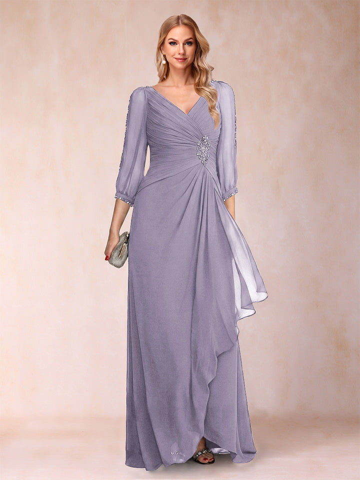 A-Line/Princess V-Neck 3/4 Sleeves Floor-Length Mother of the Bride Dresses with Ruched &amp; Beading