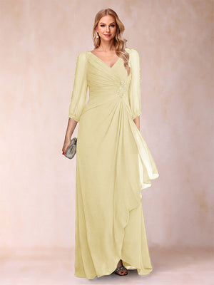 A-Line/Princess V-Neck 3/4 Sleeves Floor-Length Mother of the Bride Dresses with Ruched & Beading
