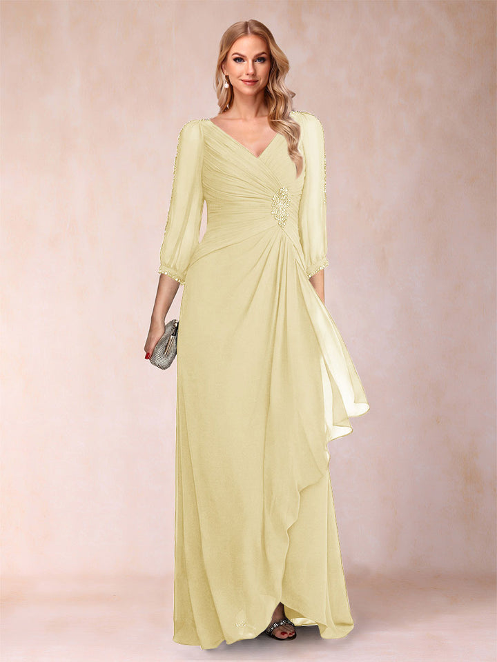 A-Line/Princess V-Neck 3/4 Sleeves Floor-Length Mother of the Bride Dresses with Ruched &amp; Beading