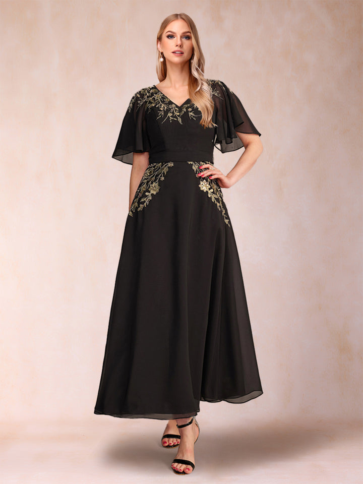 A-Line/Princess V-Neck Short Sleeves Ankle-Length Mother of the Bride Dresses with Sequins &amp; Appliques