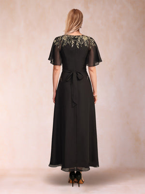 A-Line/Princess V-Neck Short Sleeves Ankle-Length Mother of the Bride Dresses with Sequins & Appliques