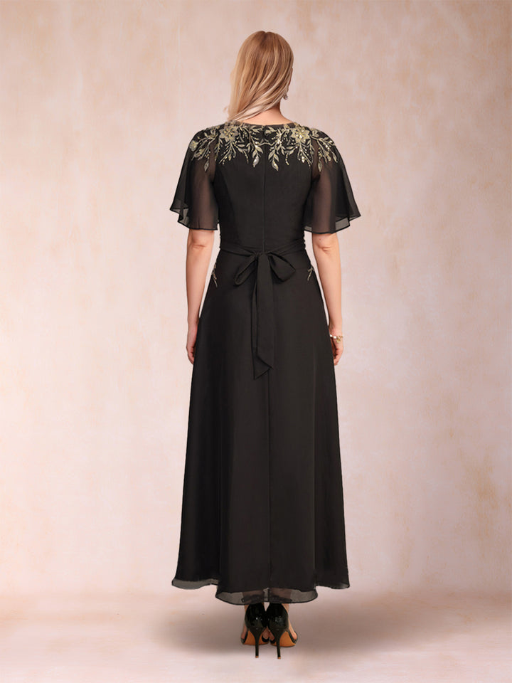 A-Line/Princess V-Neck Short Sleeves Ankle-Length Mother of the Bride Dresses with Sequins &amp; Appliques