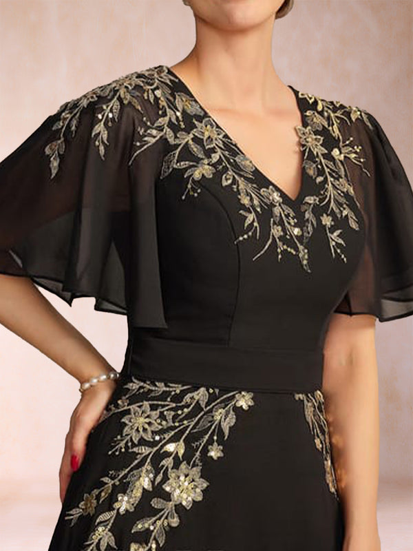 A-Line/Princess V-Neck Short Sleeves Ankle-Length Mother of the Bride Dresses with Sequins & Appliques