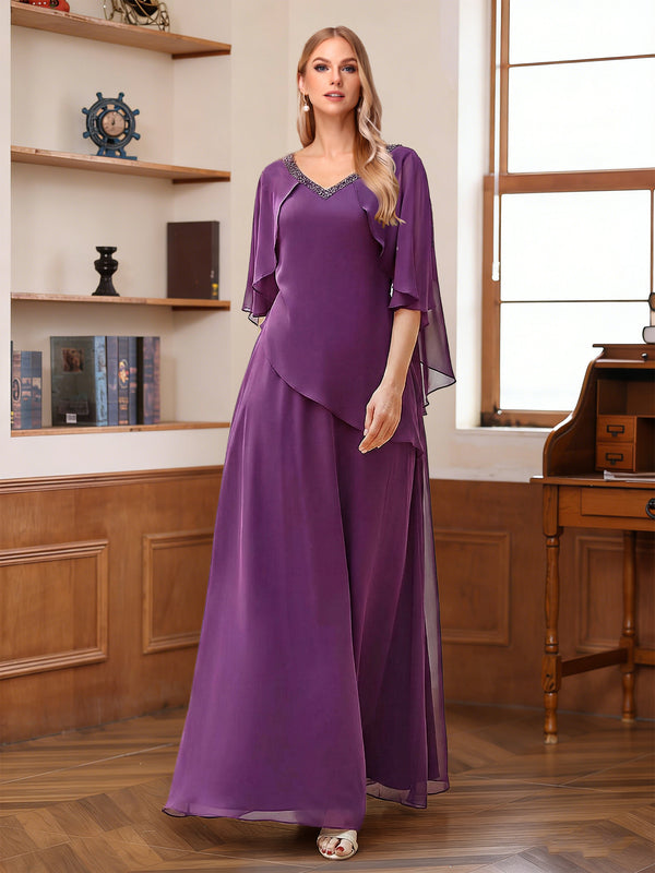 A-Line/Princess V-Neck Half Sleeves Floor-Length Mother of the Bride Dresses with Beading