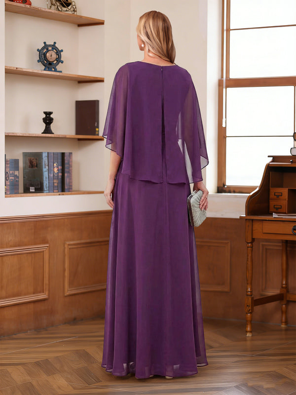 A-Line/Princess V-Neck Half Sleeves Floor-Length Mother of the Bride Dresses with Beading