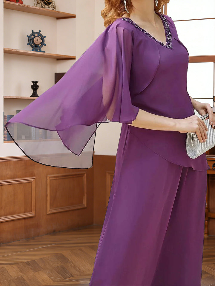 A-Line/Princess V-Neck Half Sleeves Floor-Length Mother of the Bride Dresses with Beading