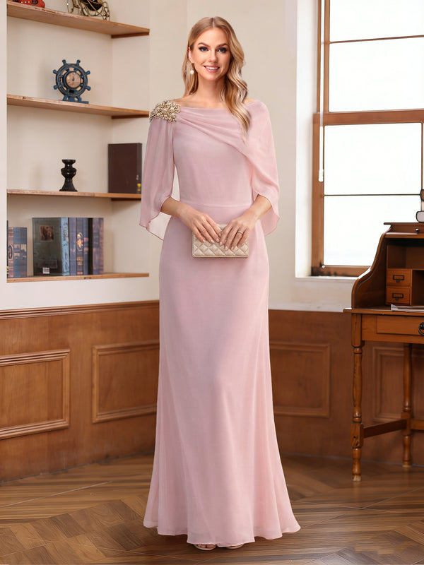 Sheath/Column Scoop Half Sleeves Floor-Length Mother of the Bride Dresses with Rhinestone