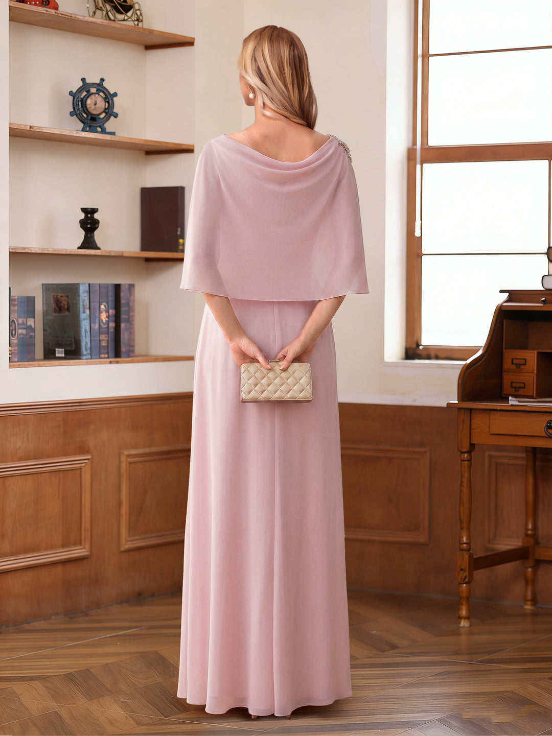 Sheath/Column Scoop Half Sleeves Floor-Length Mother of the Bride Dresses with Rhinestone