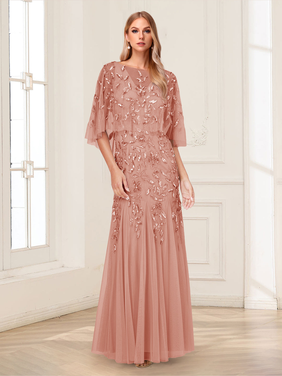 Lavetir Navy Blue A-Line/Princess Scoop Half Sleeves Floor-Length Mother of the Bride Dresses with Beading&Sequins 2026