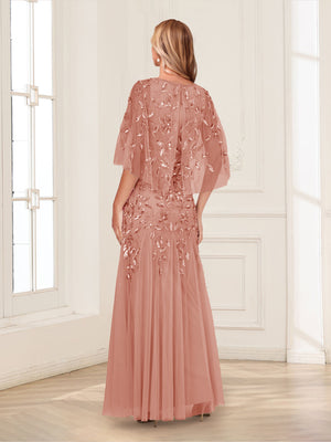 A-Line/Princess Scoop Half Sleeves Floor-Length Mother of the Bride Dresses with Beading&Sequins