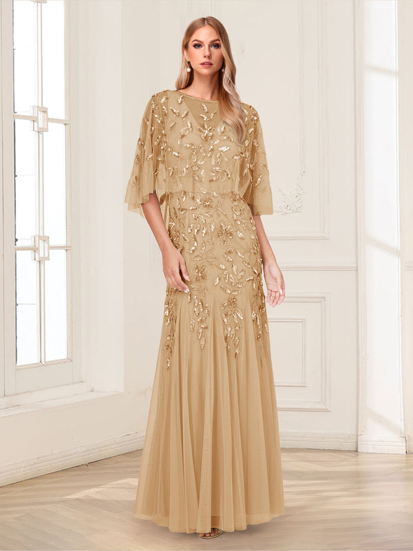 A-Line/Princess Scoop Half Sleeves Floor-Length Mother of the Bride Dresses with Beading&Sequins