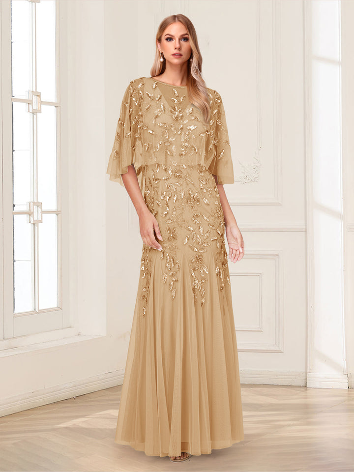 A-Line/Princess Scoop Half Sleeves Floor-Length Mother of the Bride Dresses with Beading&amp;Sequins