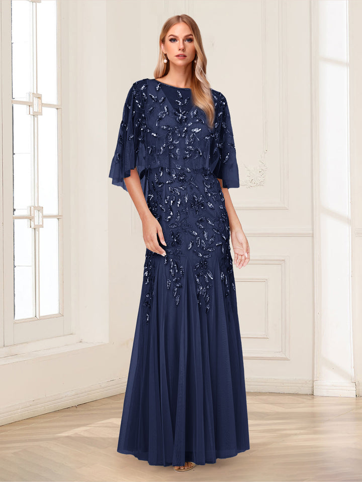A-Line/Princess Scoop Half Sleeves Floor-Length Mother of the Bride Dresses with Beading&amp;Sequins