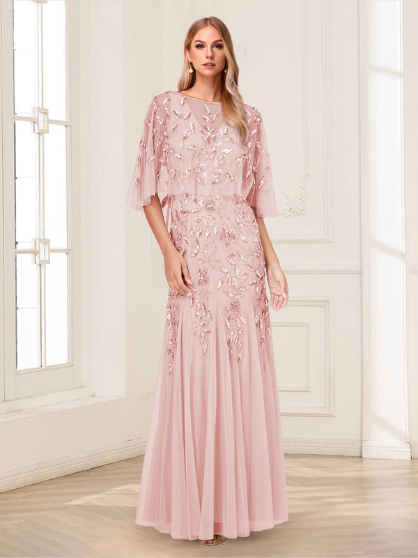 A-Line/Princess Scoop Half Sleeves Floor-Length Mother of the Bride Dresses with Beading&Sequins