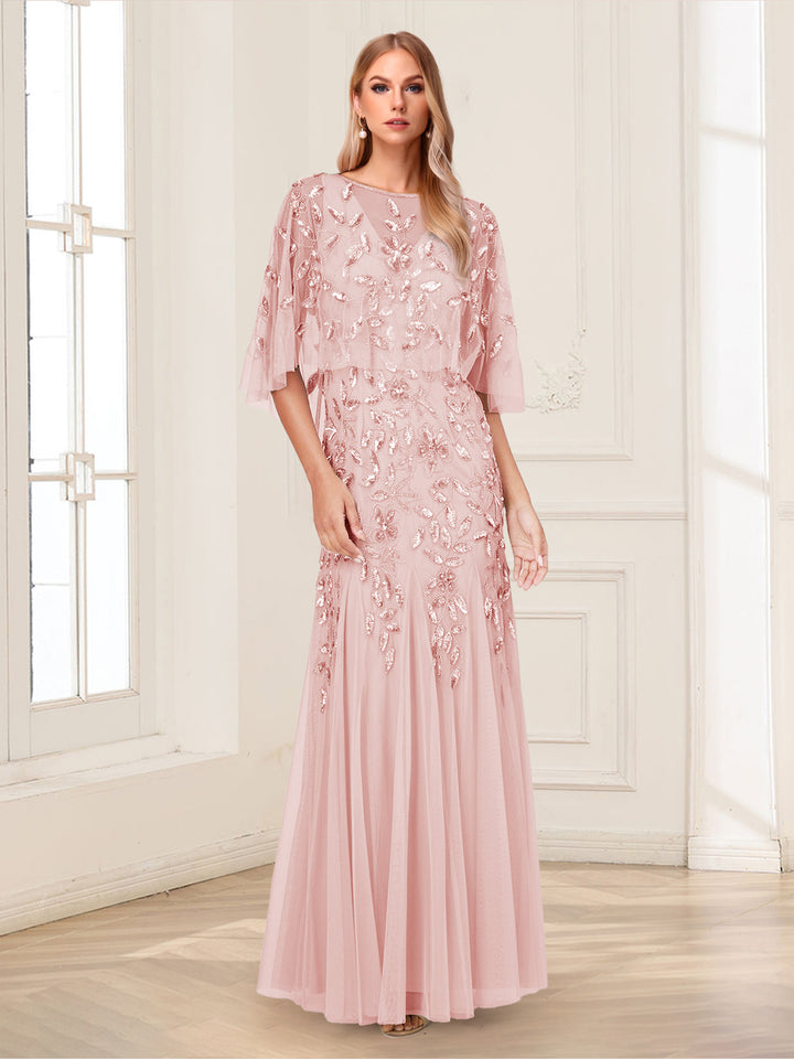 A-Line/Princess Scoop Half Sleeves Floor-Length Mother of the Bride Dresses with Beading&amp;Sequins