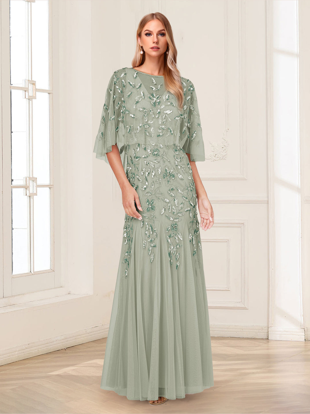 A-Line/Princess Scoop Half Sleeves Floor-Length Mother of the Bride Dresses with Beading&amp;Sequins