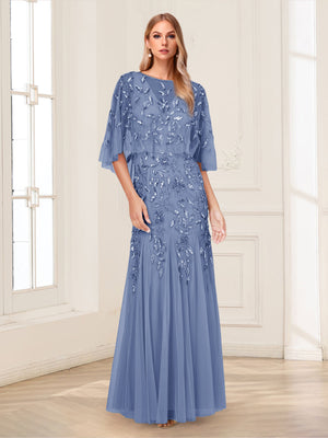 A-Line/Princess Scoop Half Sleeves Floor-Length Mother of the Bride Dresses with Beading&Sequins