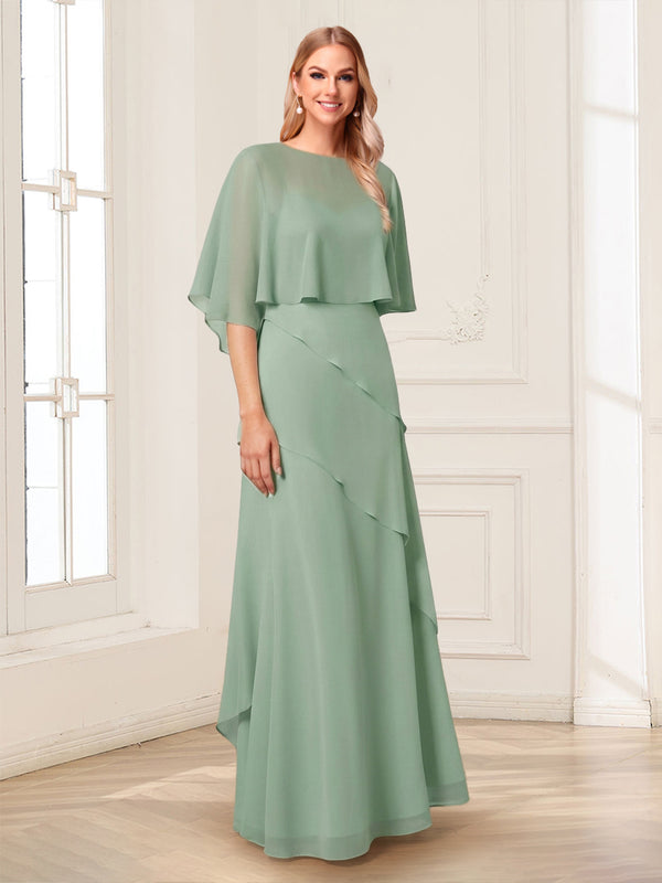 A-Line/Princess Scoop Half Sleeves Floor-Length Mother of the Bride Dresses with Ruffles