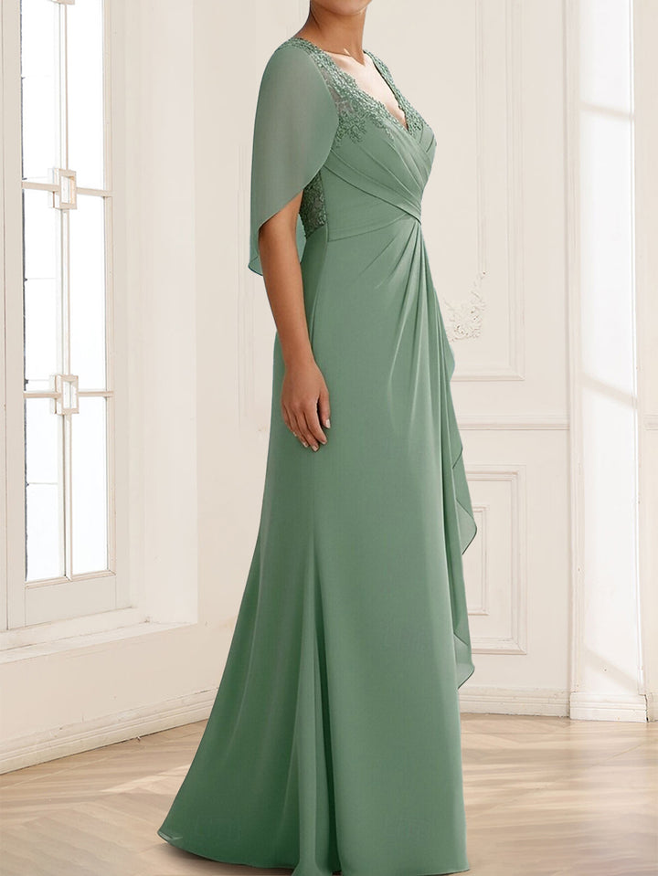 Sheath/Column V-Neck Short Sleeves Floor-Length Mother of the Bride Dresses with Lace &amp; Applique