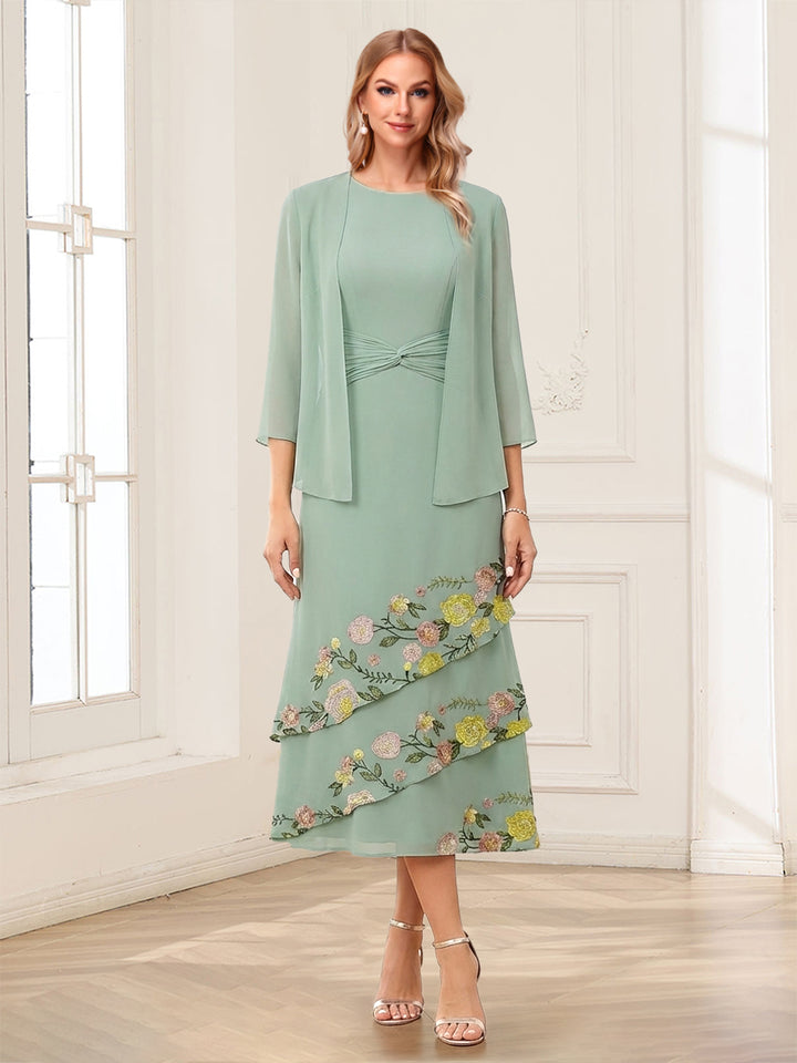 A-Line/Princess Scoop Sleeveless Tea-Length Mother of the Bride Dresses with Embroidery &amp; Jacket