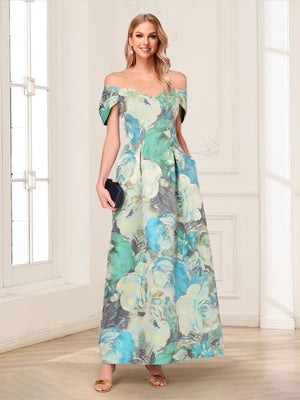 A-Line/Princess Off-the-Shoulder Short Sleeves Ankle-Length Mother of the Bride Dresses with Pockets & Floral Pirnted