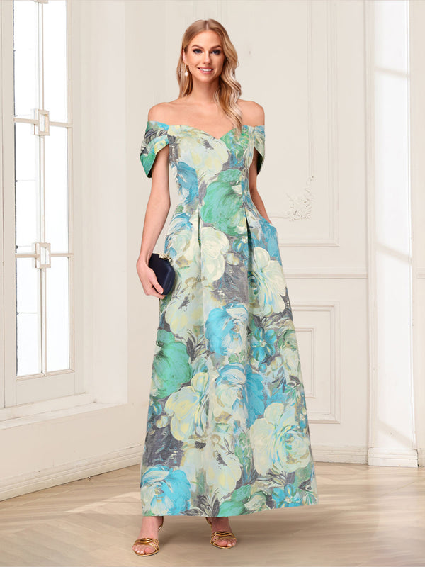 A-Line/Princess Off-the-Shoulder Short Sleeves Ankle-Length Mother of the Bride Dresses with Pockets & Floral Pirnted